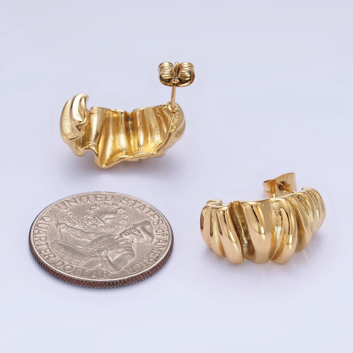 Stainless Steel 21mm Molten Foil J-Shaped Hoop Earrings in Gold & Silver | P440 P441 - DLUXCA