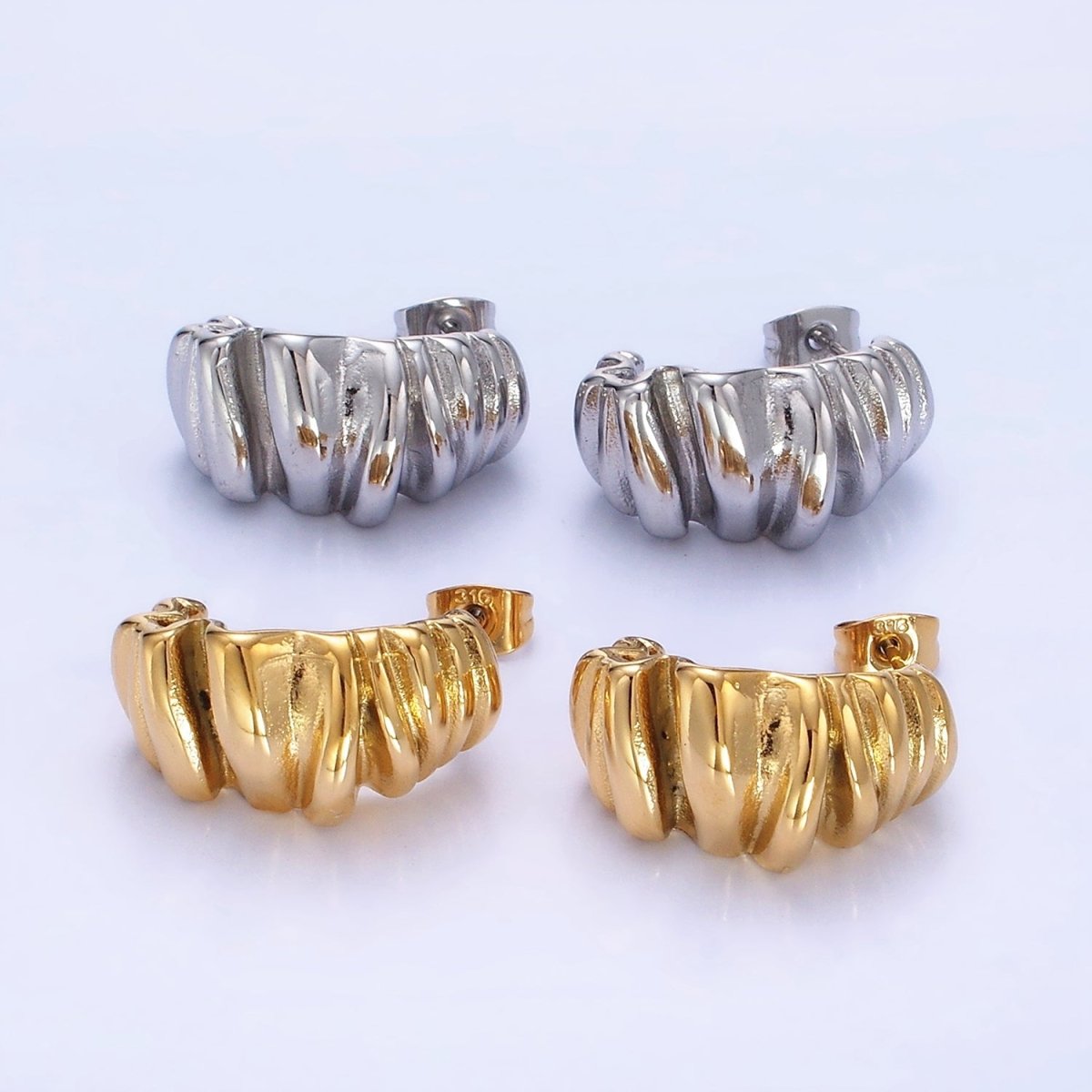 Stainless Steel 21mm Molten Foil J-Shaped Hoop Earrings in Gold & Silver | P440 P441 - DLUXCA