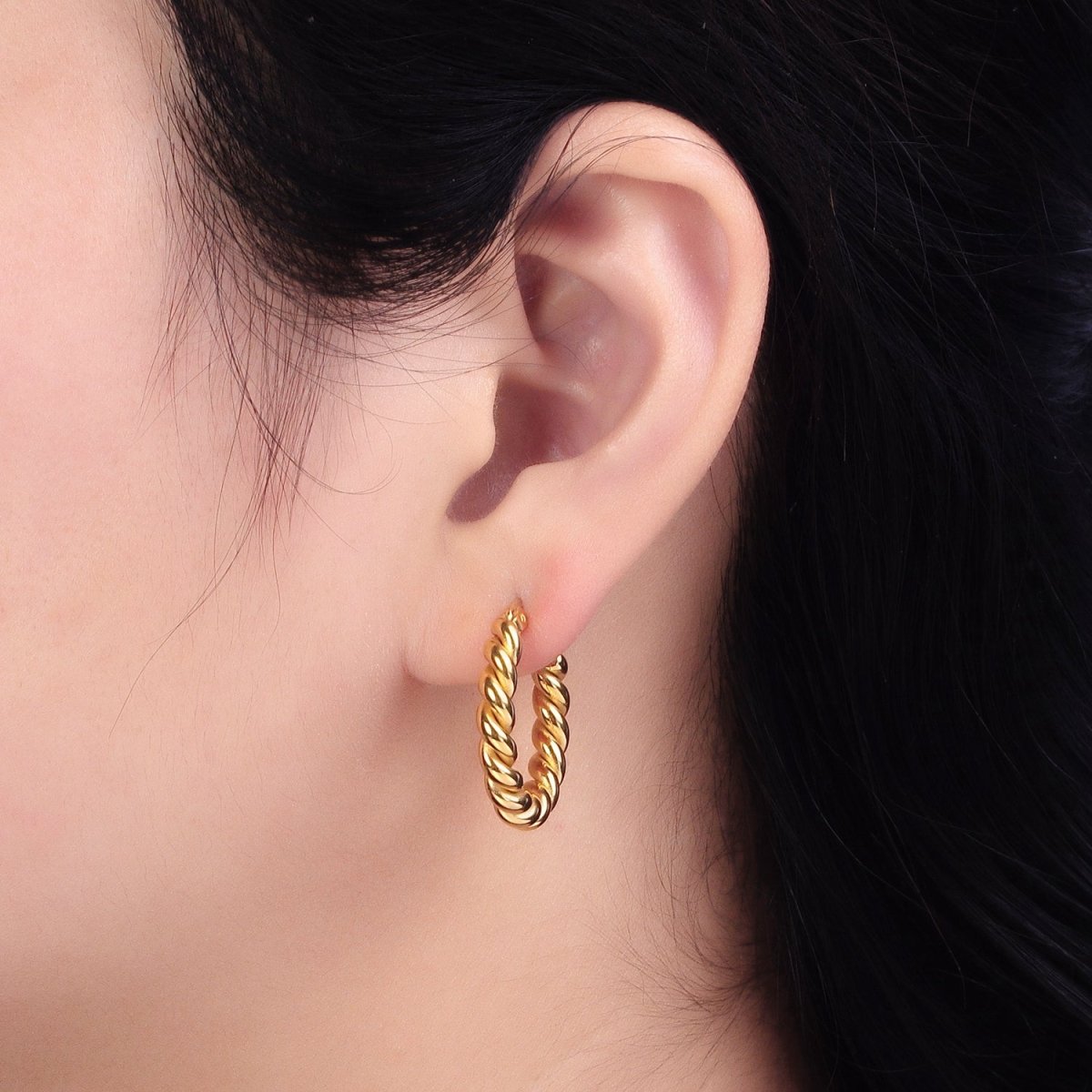 Stainless Steel 24mm Gold Braided Twist Hoop Latch Earrings | AB350 - DLUXCA