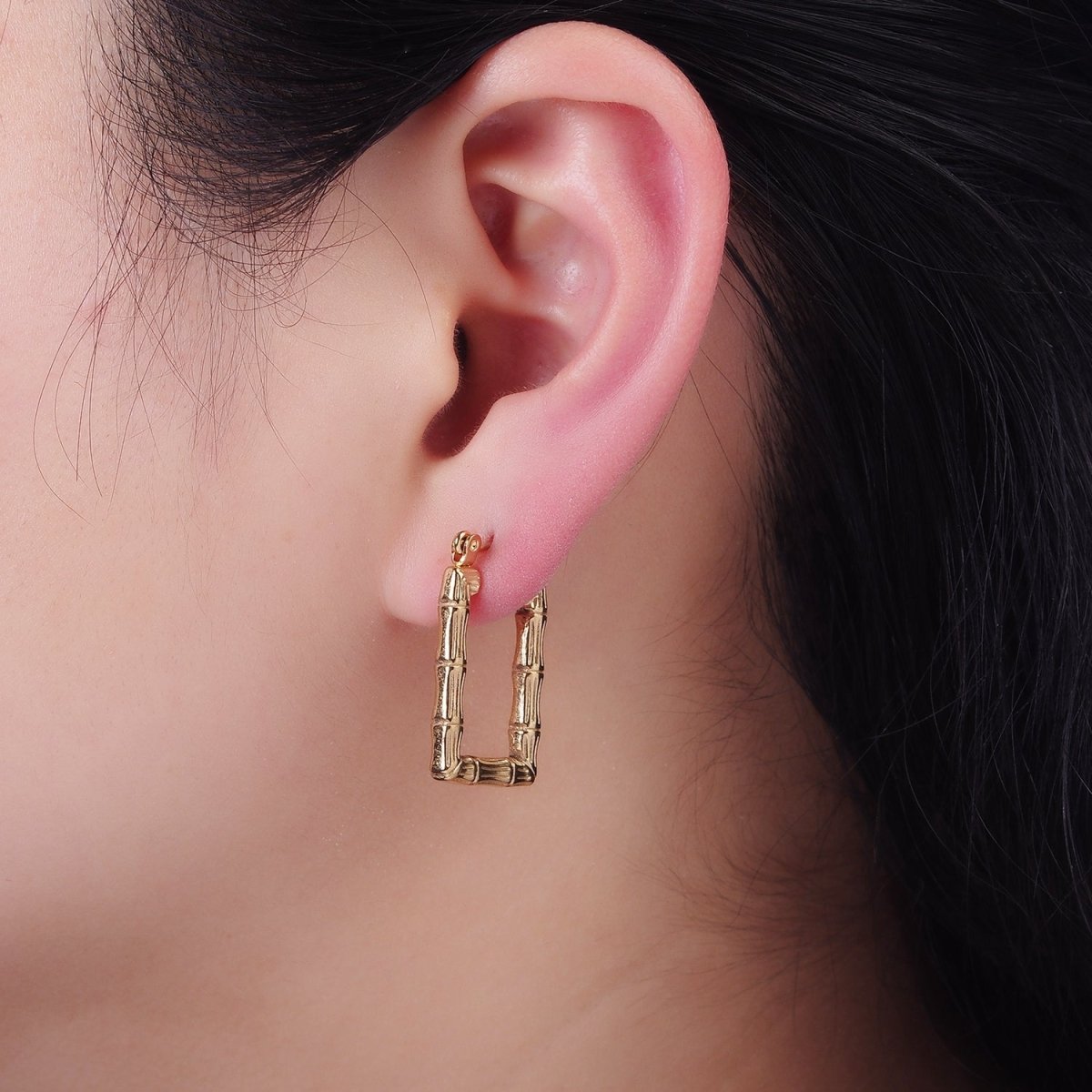 Stainless Steel 25mm Bamboo Plant Rectangle Latch Hoop Earrings | AE444 - DLUXCA