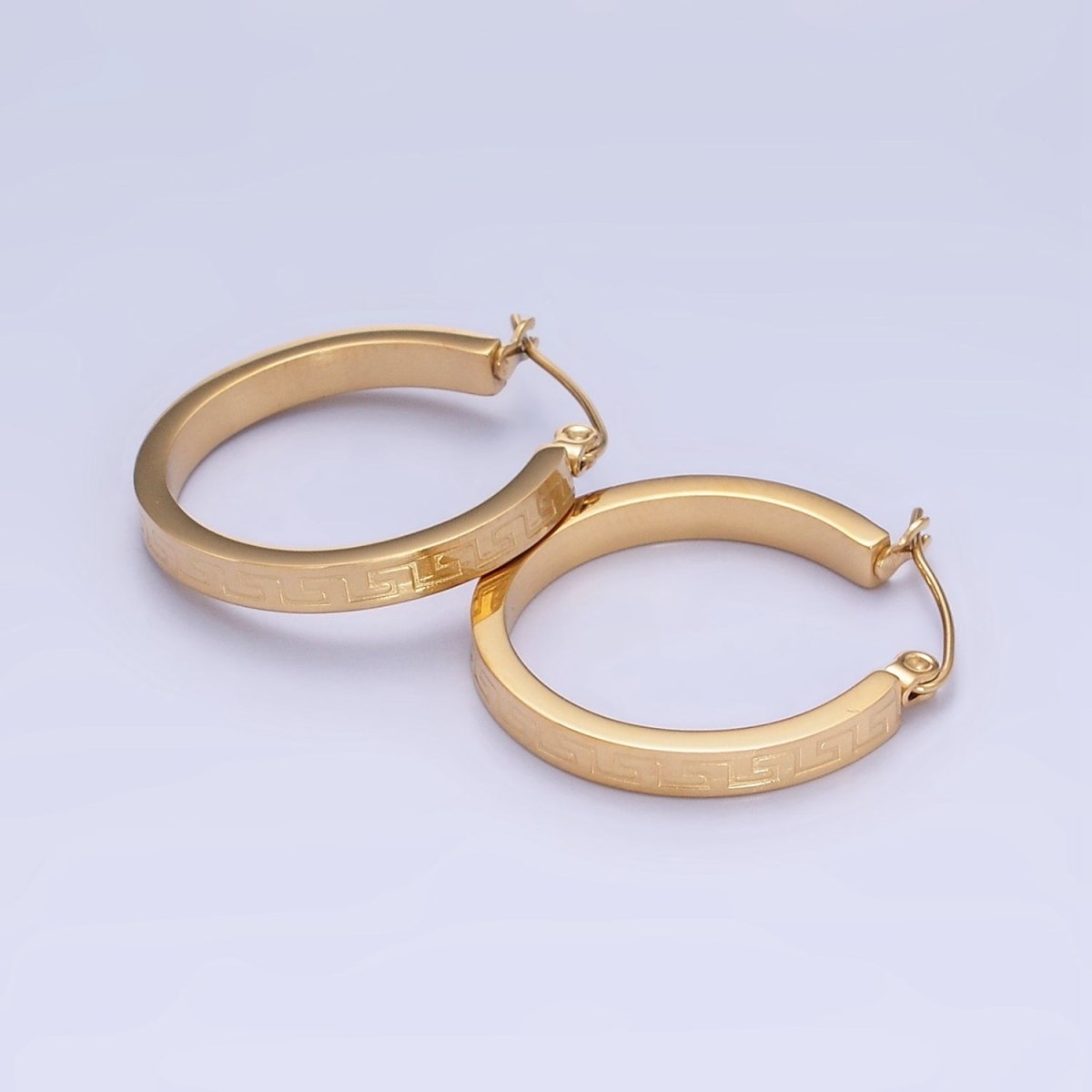 Stainless Steel 25mm Geometric Lined Engraved Latch Hoop Earrings in Gold & Silver | P442 P443 - DLUXCA