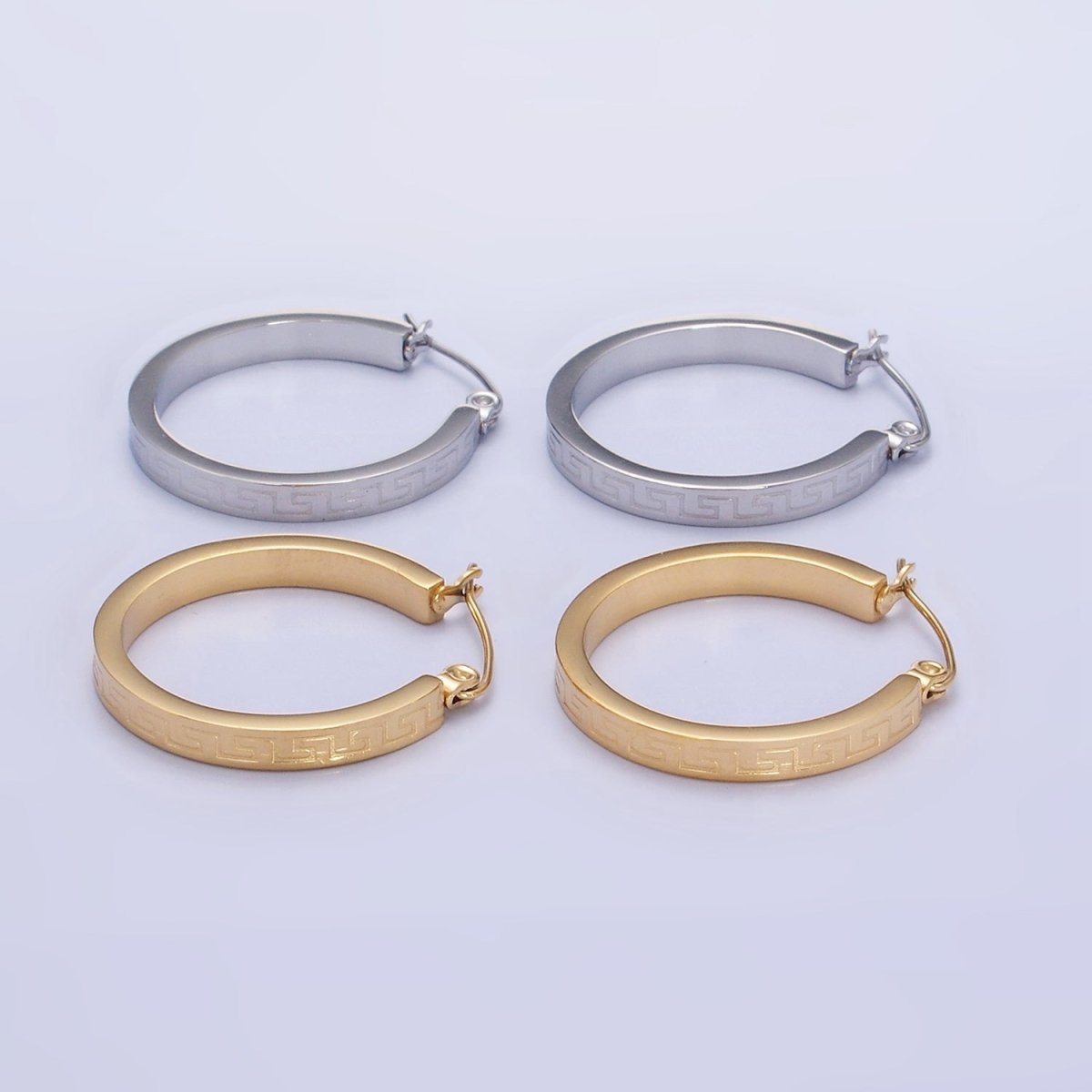 Stainless Steel 25mm Geometric Lined Engraved Latch Hoop Earrings in Gold & Silver | P442 P443 - DLUXCA