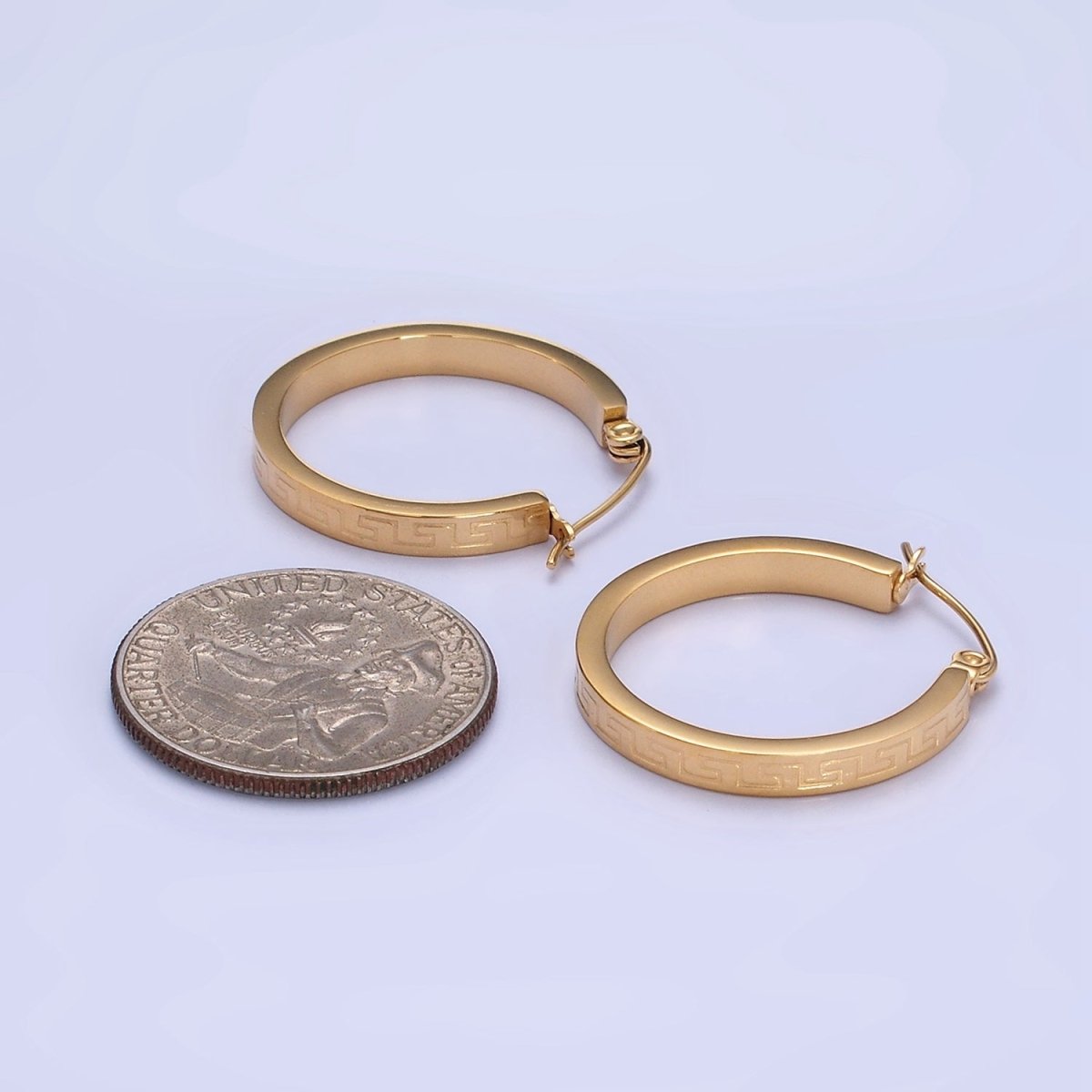 Stainless Steel 25mm Geometric Lined Engraved Latch Hoop Earrings in Gold & Silver | P442 P443 - DLUXCA