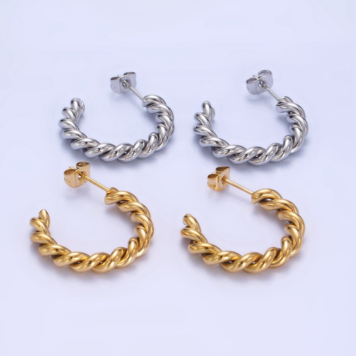 Stainless Steel 25mm Rope Croissant C-Shaped Hoop Earring in Gold & Silver | P450 P451 - DLUXCA