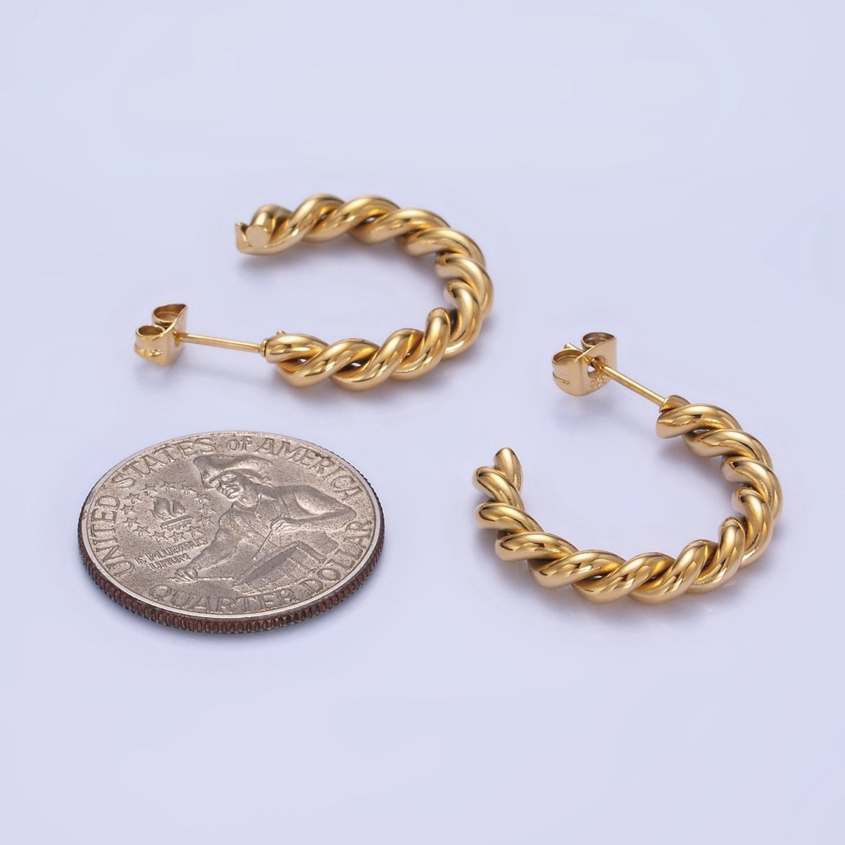 Stainless Steel 25mm Rope Croissant C-Shaped Hoop Earring in Gold & Silver | P450 P451 - DLUXCA