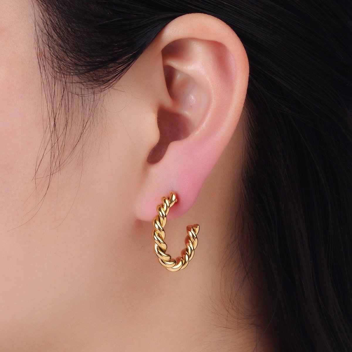Stainless Steel 25mm Rope Croissant C-Shaped Hoop Earring in Gold & Silver | P450 P451 - DLUXCA