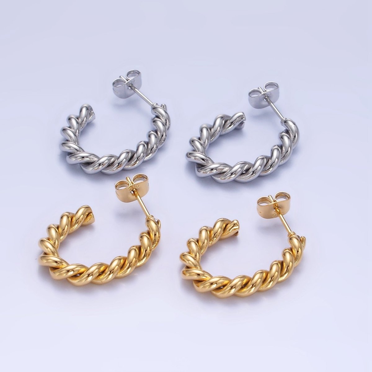 Stainless Steel 25mm Rope Croissant J-Shaped Hoop Earrings in Gold & Silver | P452 P453 - DLUXCA