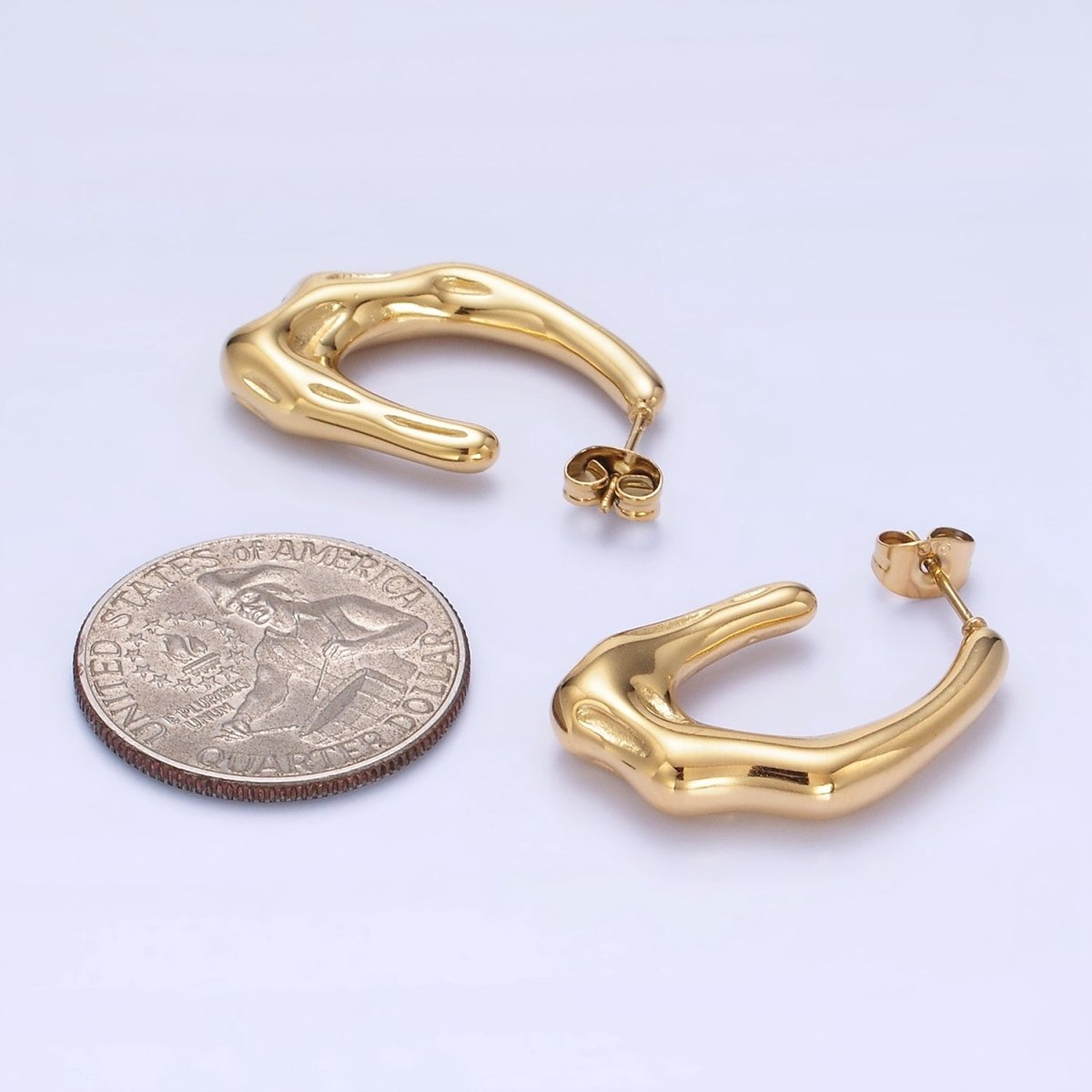 Stainless Steel 28mm Molten Abstract J-Shaped Hoop Earring in Gold & Silver | P438 P439 - DLUXCA