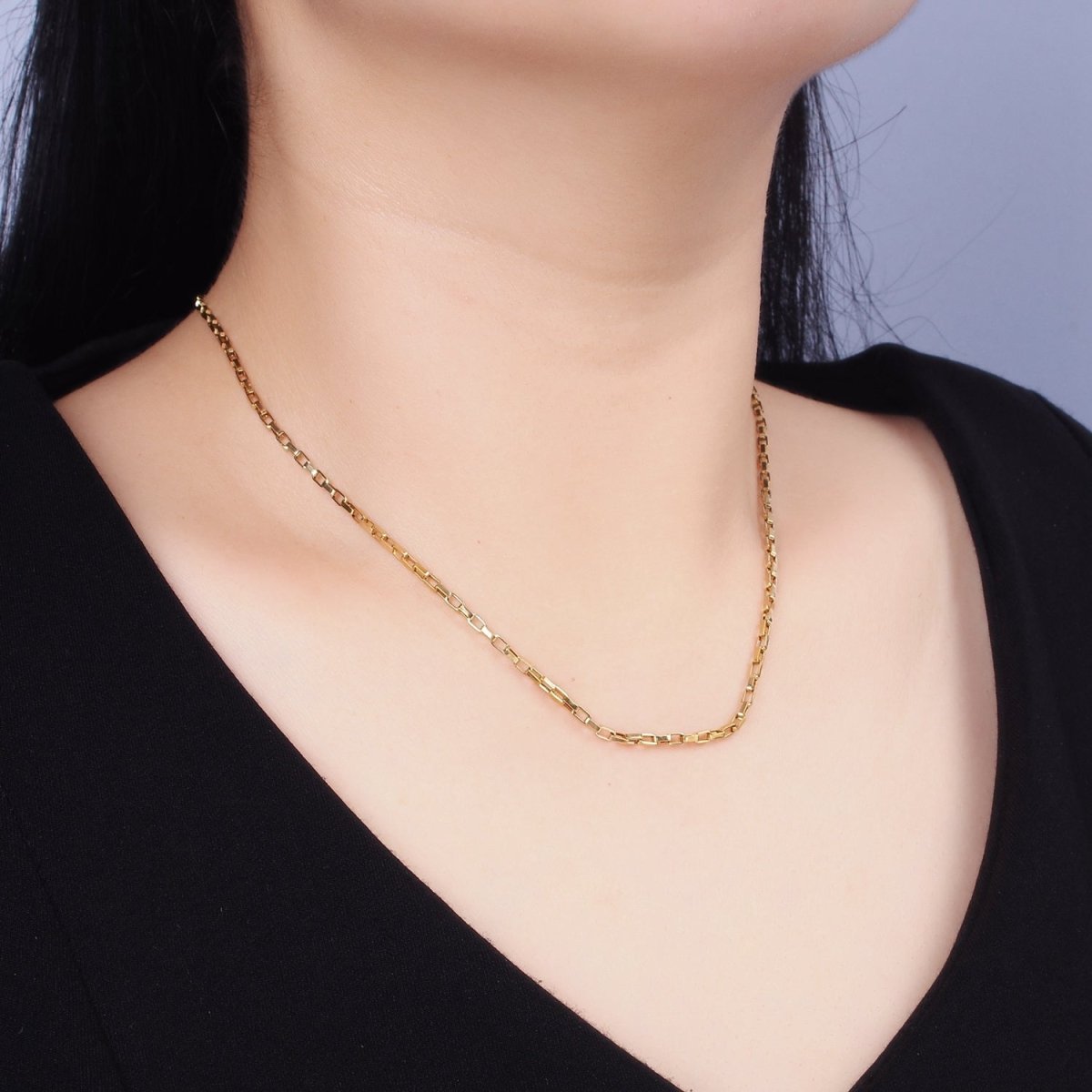 Stainless Steel 2mm Dainty Rectangular Box 17.72 Inch Layering Chain Necklace | WA-1991 Clearance Pricing - DLUXCA