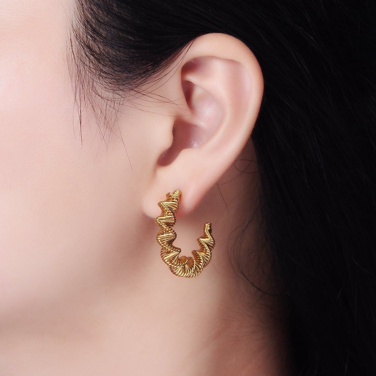 Stainless Steel 30mm Bar Spiral Geometric C-Shaped Hoop Earrings | AE333 - DLUXCA