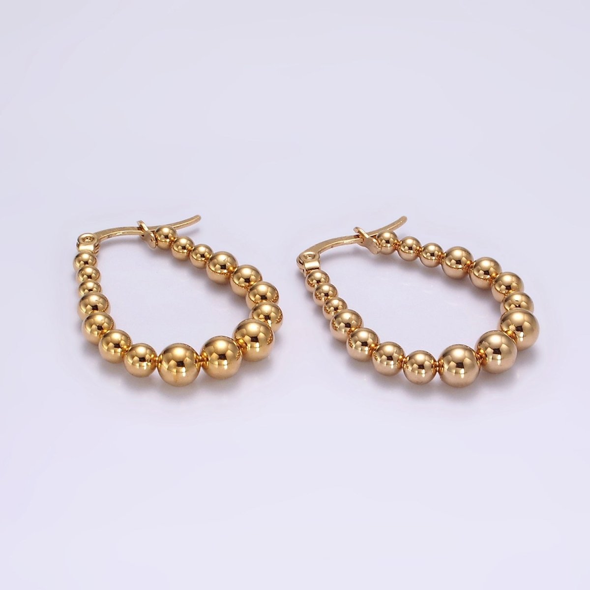 Stainless Steel 30mm Beaded Bubble U-Shaped Oblong Latch Hoop Earrings | AE343 - DLUXCA