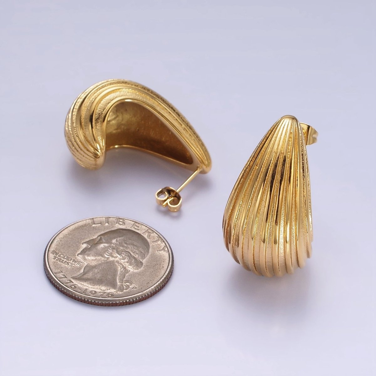 Stainless Steel 30mm Edged Line-Textured Dome Teardrop J-Shaped Hoop Earrings | AE415 - DLUXCA