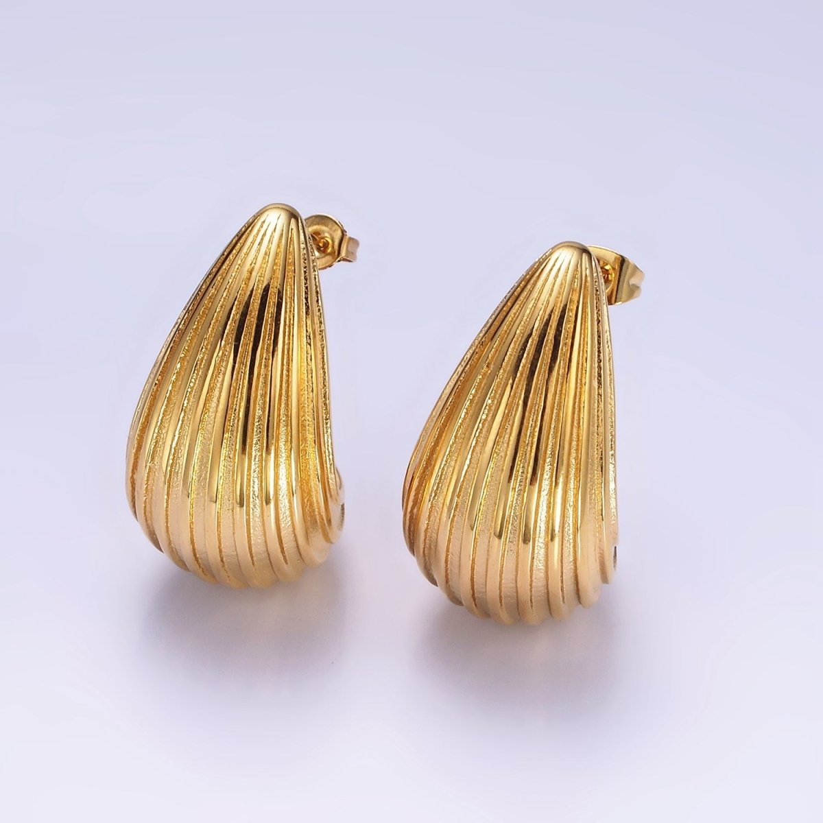 Stainless Steel 30mm Edged Line-Textured Dome Teardrop J-Shaped Hoop Earrings | AE415 - DLUXCA