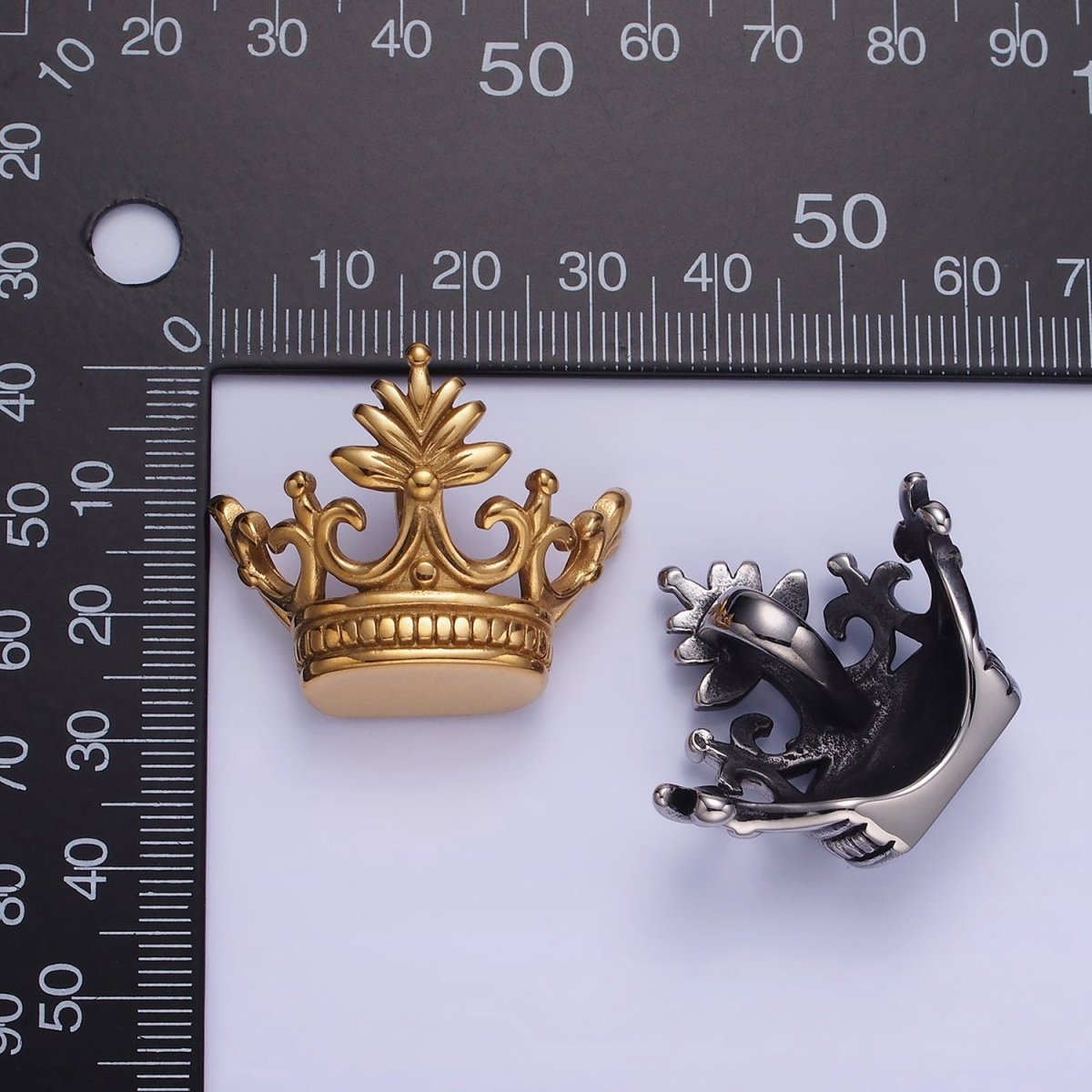 Stainless Steel 30mm Leaf Royal Crown Back Loop Pendant in Gold & Silver | P1386 P1387 - DLUXCA