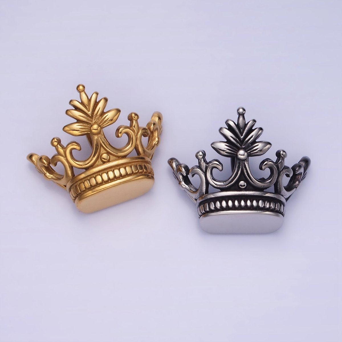 Stainless Steel 30mm Leaf Royal Crown Back Loop Pendant in Gold & Silver | P1386 P1387 - DLUXCA