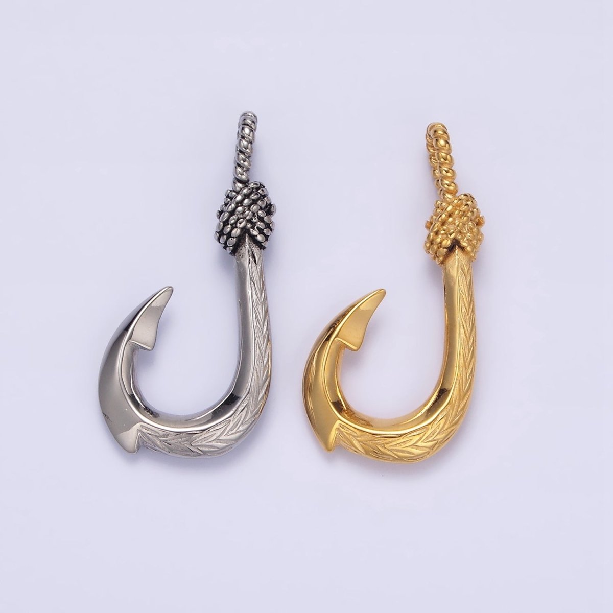 Stainless Steel 30mm Rope-Tied Double Sided Engraved Nautical Hook Pendant in Gold & Silver | P-788 P-789 - DLUXCA
