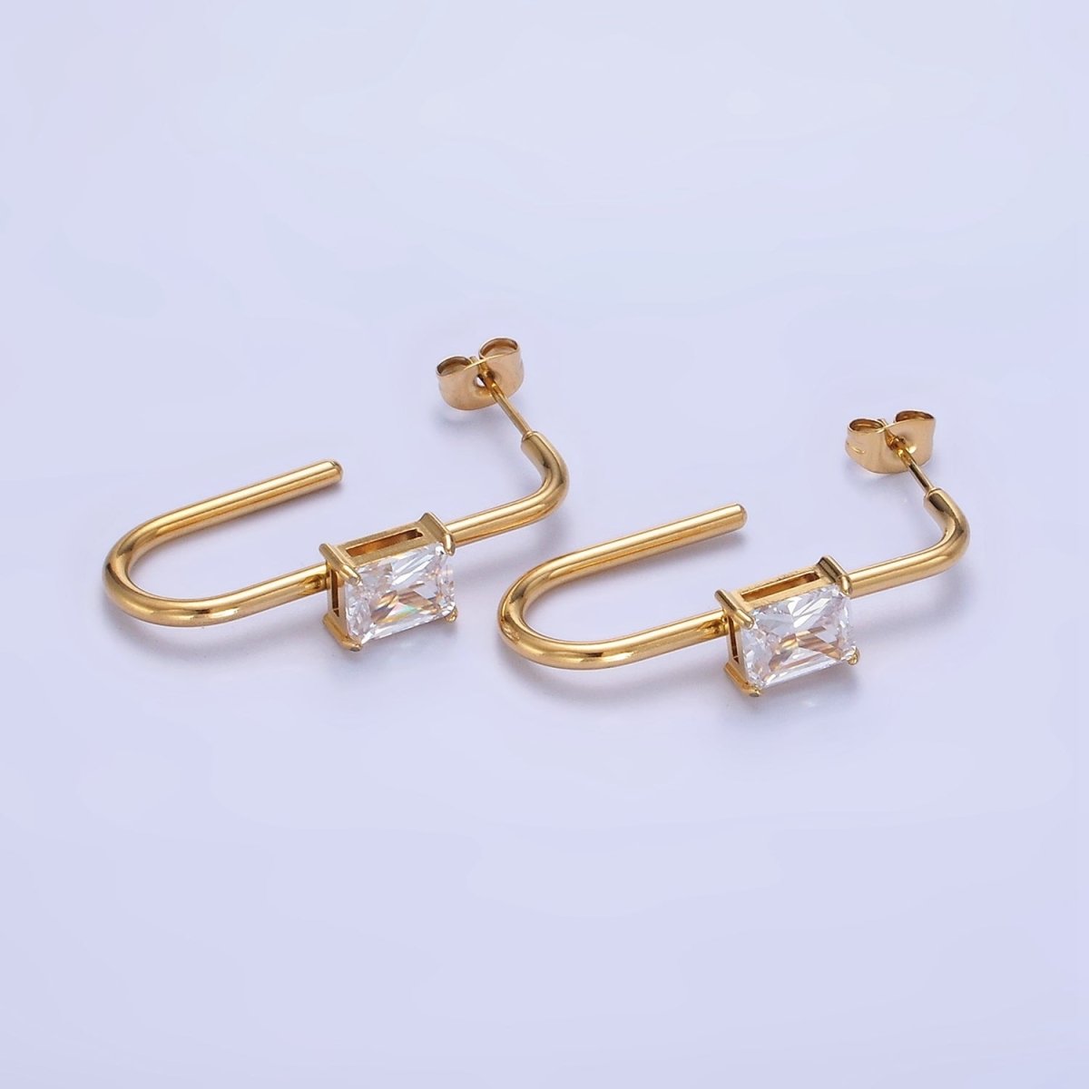 Stainless Steel 35mm Baguette J-Shaped Earrings in Gold & Silver | AB1382 AB1383 - DLUXCA
