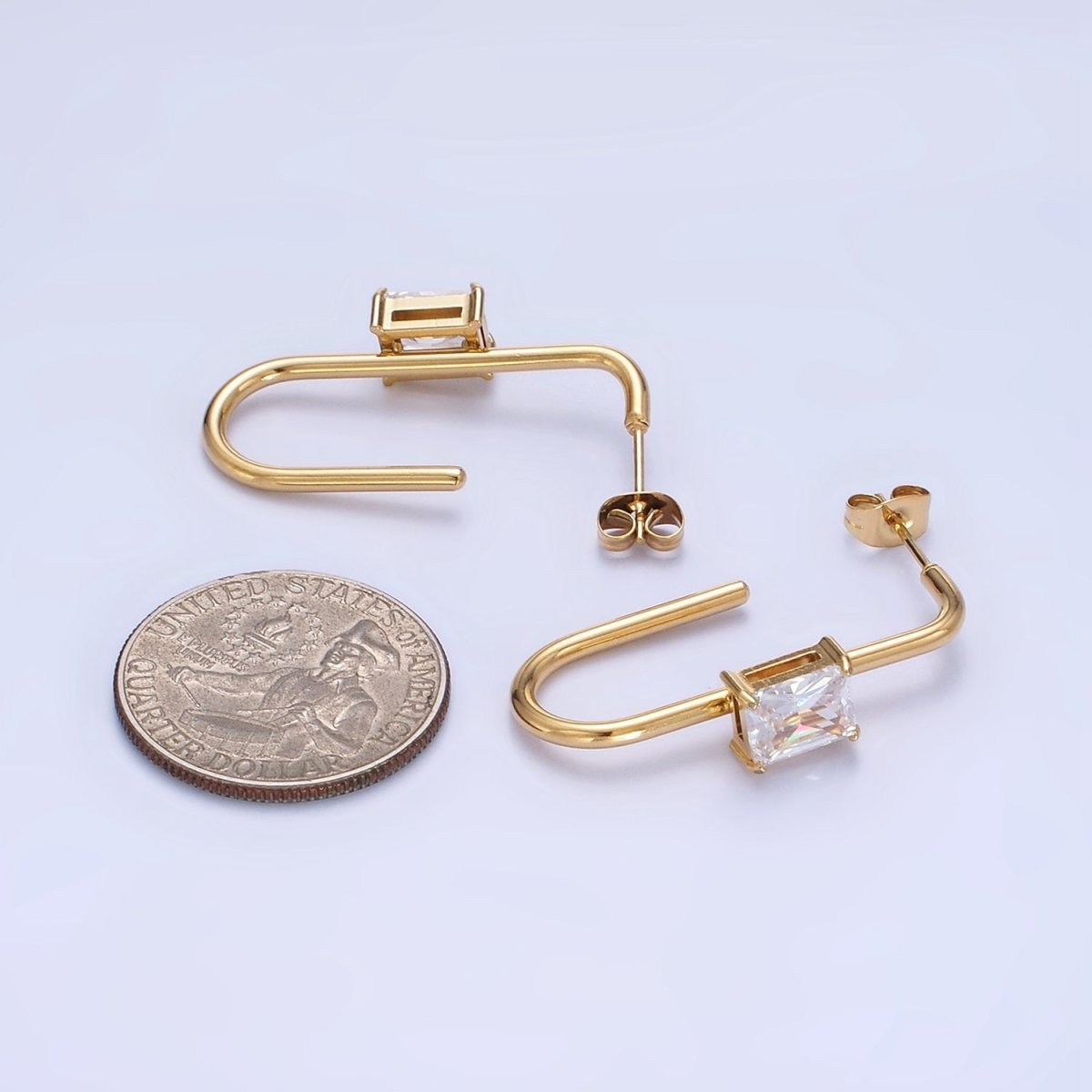 Stainless Steel 35mm Baguette J-Shaped Earrings in Gold & Silver | AB1382 AB1383 - DLUXCA