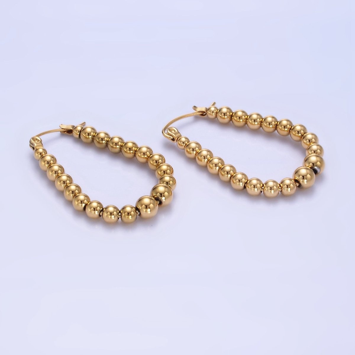 Stainless Steel 35mm Beaded Bubble Oblong Latch Hoop Earrings in Gold & Silver | AB1374 AB1375 - DLUXCA