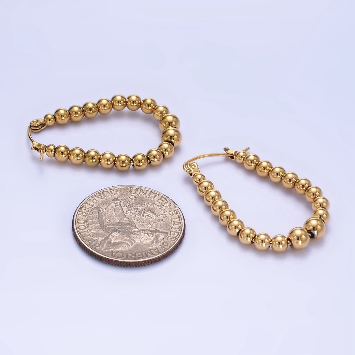 Stainless Steel 35mm Beaded Bubble Oblong Latch Hoop Earrings in Gold & Silver | AB1374 AB1375 - DLUXCA