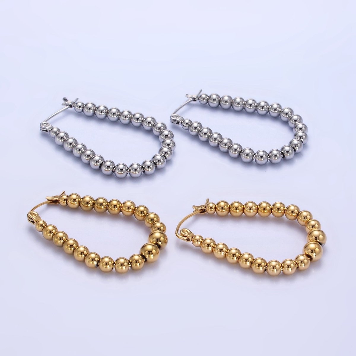 Stainless Steel 35mm Beaded Bubble Oblong Latch Hoop Earrings in Gold & Silver | AB1374 AB1375 - DLUXCA