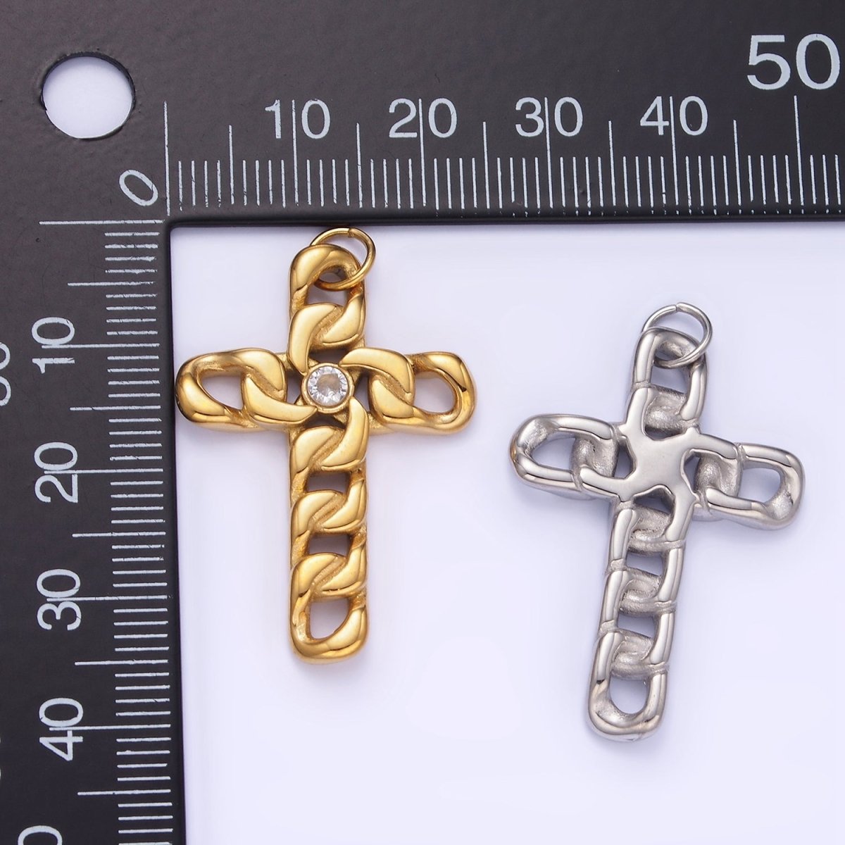 Stainless Steel 35mm CZ Curb Chain Religious Cross Charm in Gold & Silver | P965 - DLUXCA