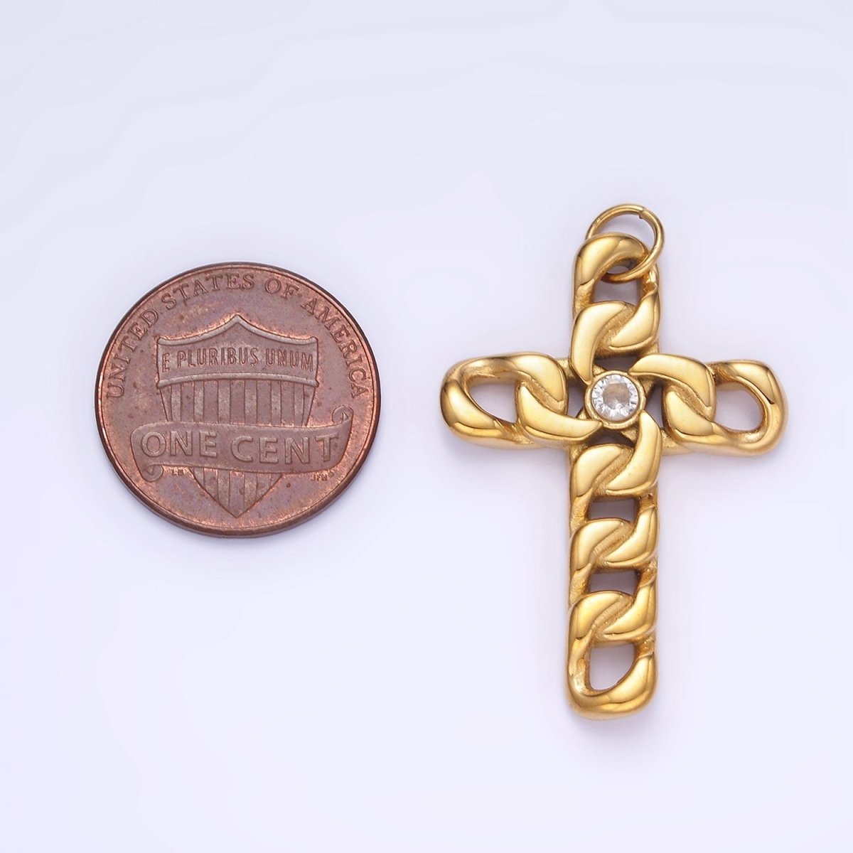 Stainless Steel 35mm CZ Curb Chain Religious Cross Charm in Gold & Silver | P965 - DLUXCA