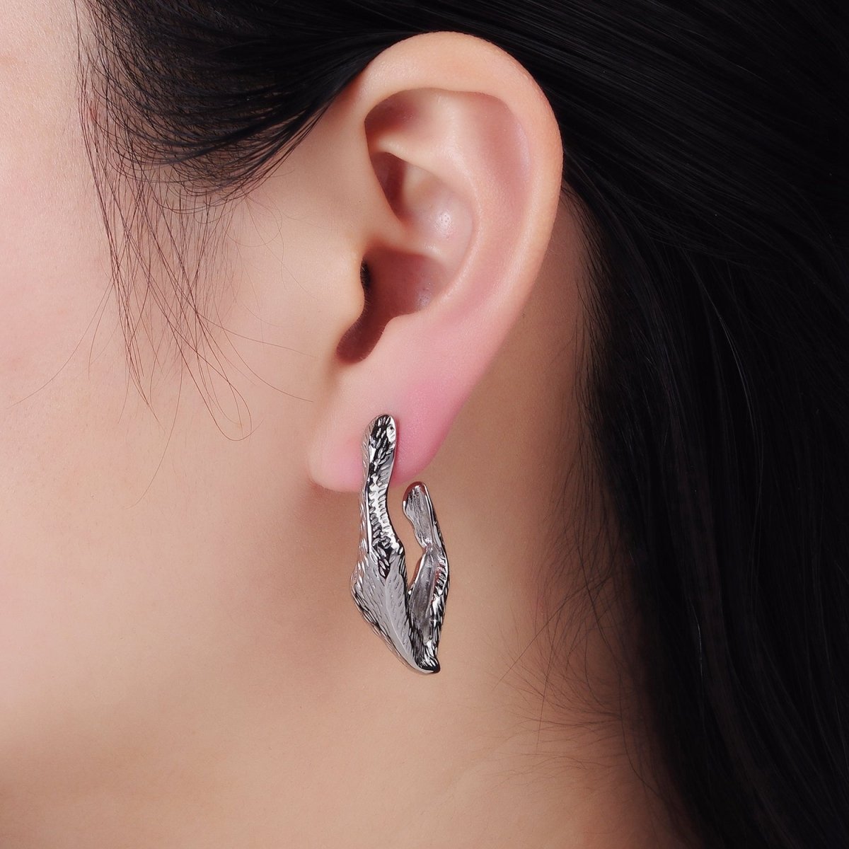 Stainless Steel 35mm Line-Textured Abstract Foil J-Shaped Earrings in Gold & Silver | AB1370 AB1371 - DLUXCA