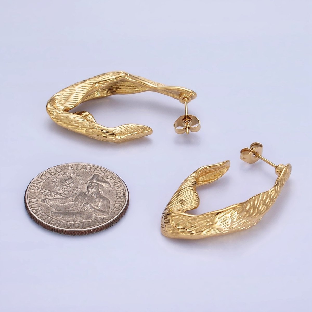 Stainless Steel 35mm Line-Textured Abstract Foil J-Shaped Earrings in Gold & Silver | AB1370 AB1371 - DLUXCA