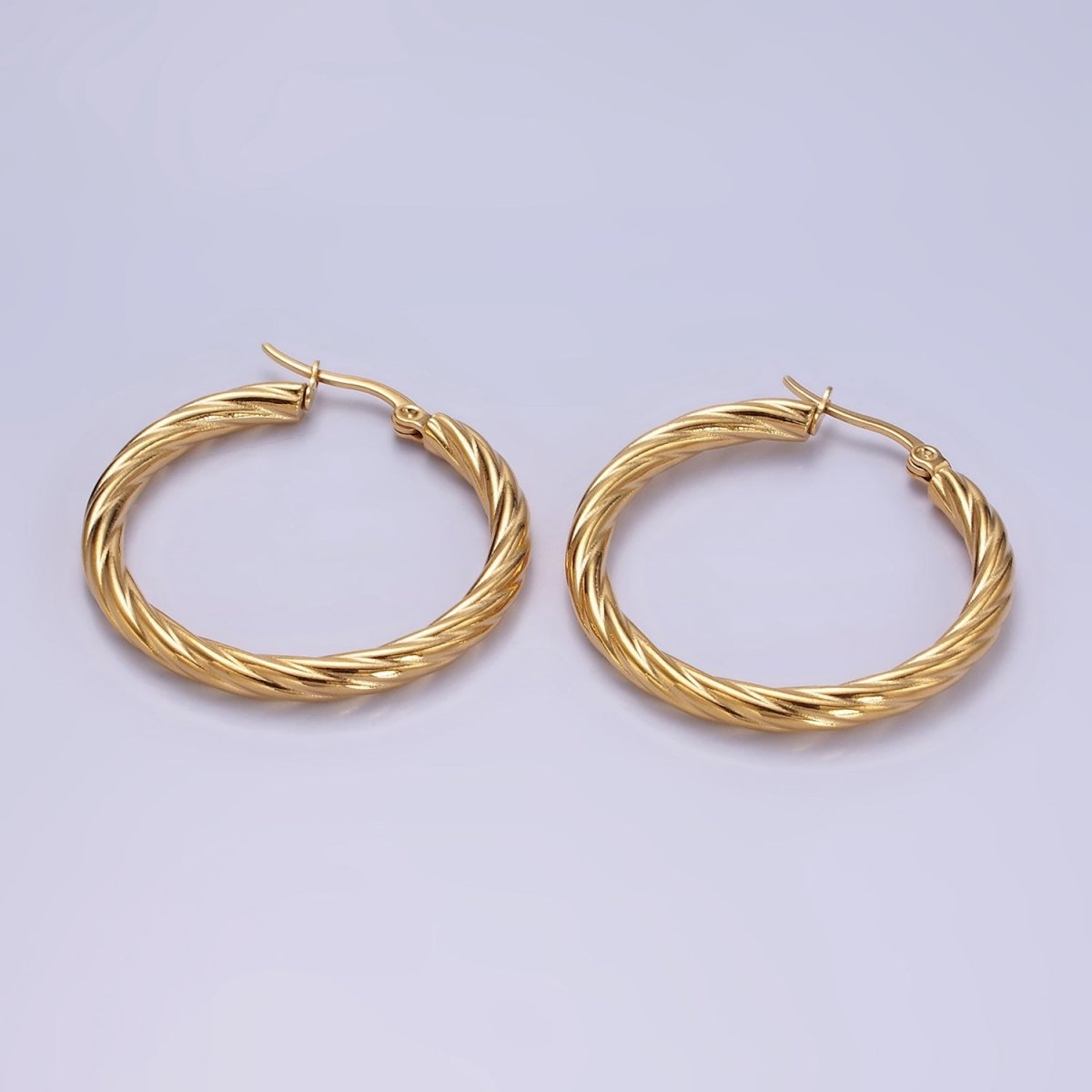 Stainless Steel 35mm Twisted Line-Textured Latch Hoop Earrings | AE406 - DLUXCA