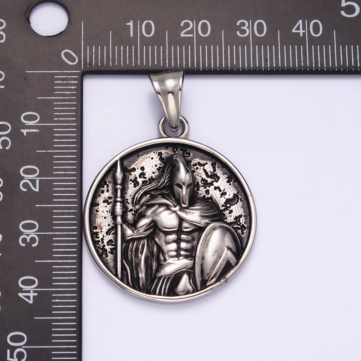 Stainless Steel 35mm Warrior Soldier Spear Shield Round Pendant | P-824 - DLUXCA