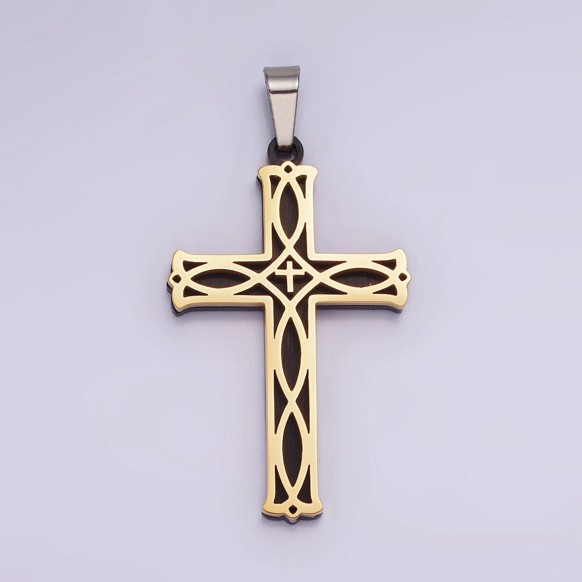 Stainless Steel 37.5mm Celtic Black Back Accented Artisan Bar Religious Cross in Gold & Silver | P-757 P-758 - DLUXCA
