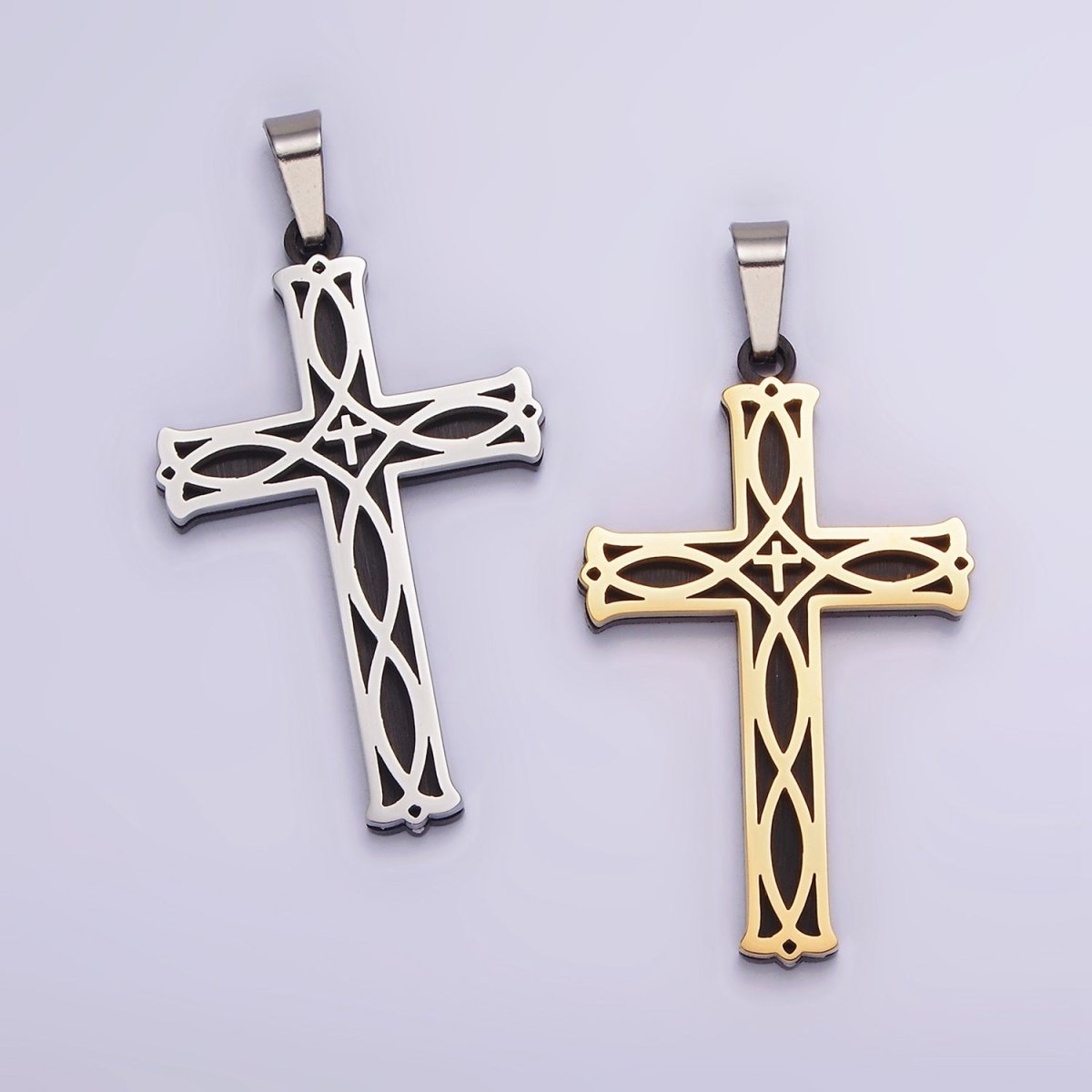 Stainless Steel 37.5mm Celtic Black Back Accented Artisan Bar Religious Cross in Gold & Silver | P-757 P-758 - DLUXCA