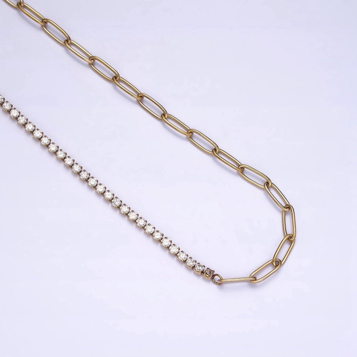 Stainless Steel 3mm Half Paperclip Clear Tennis Chain 15.5 Inch Choker Chain Necklace | WA-2046 Clearance Pricing - DLUXCA