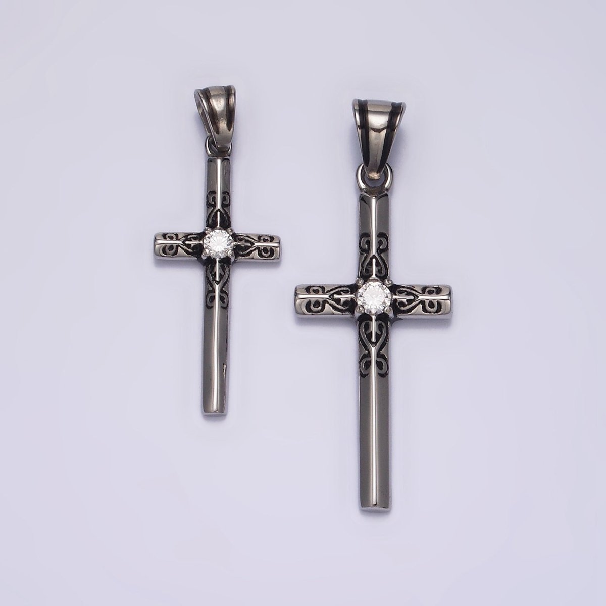 Stainless Steel 40mm, 50mm Round Clear CZ Engraved Edged Latin Cross Pendant P-555 P-556 - DLUXCA