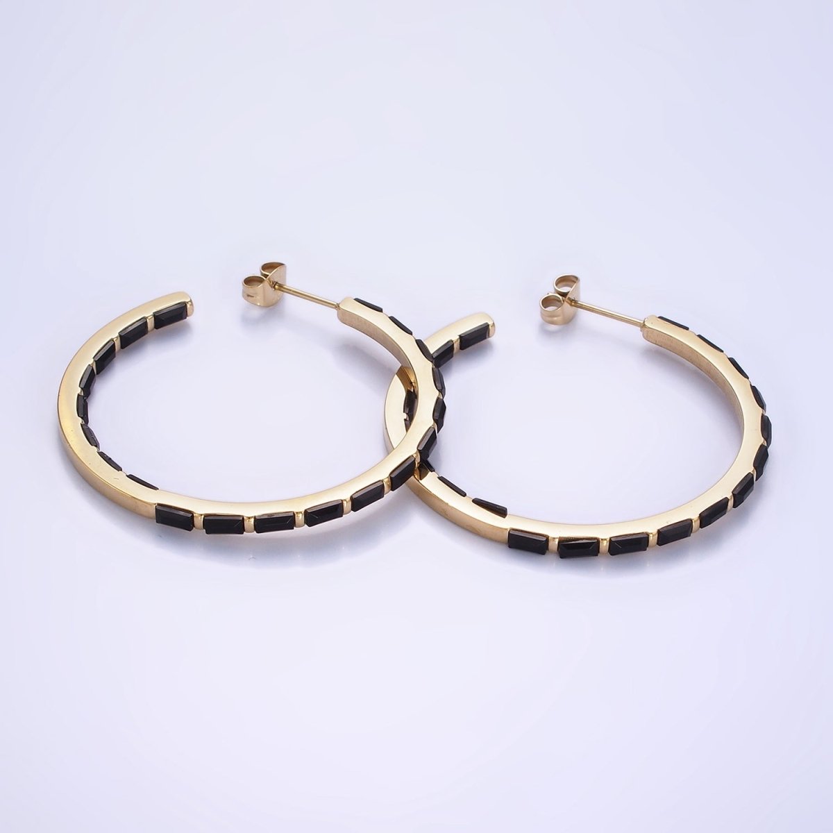 Stainless Steel 40mm Black Baguette CZ Lined C-Shaped Hoop Earrings | AB1151 - DLUXCA