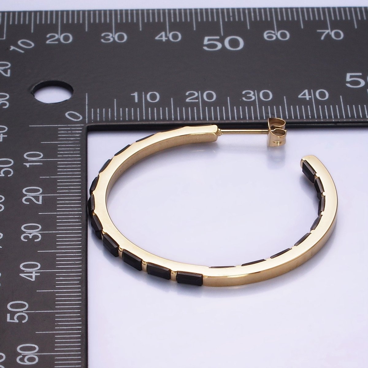 Stainless Steel 40mm Black Baguette CZ Lined C-Shaped Hoop Earrings | AB1151 - DLUXCA