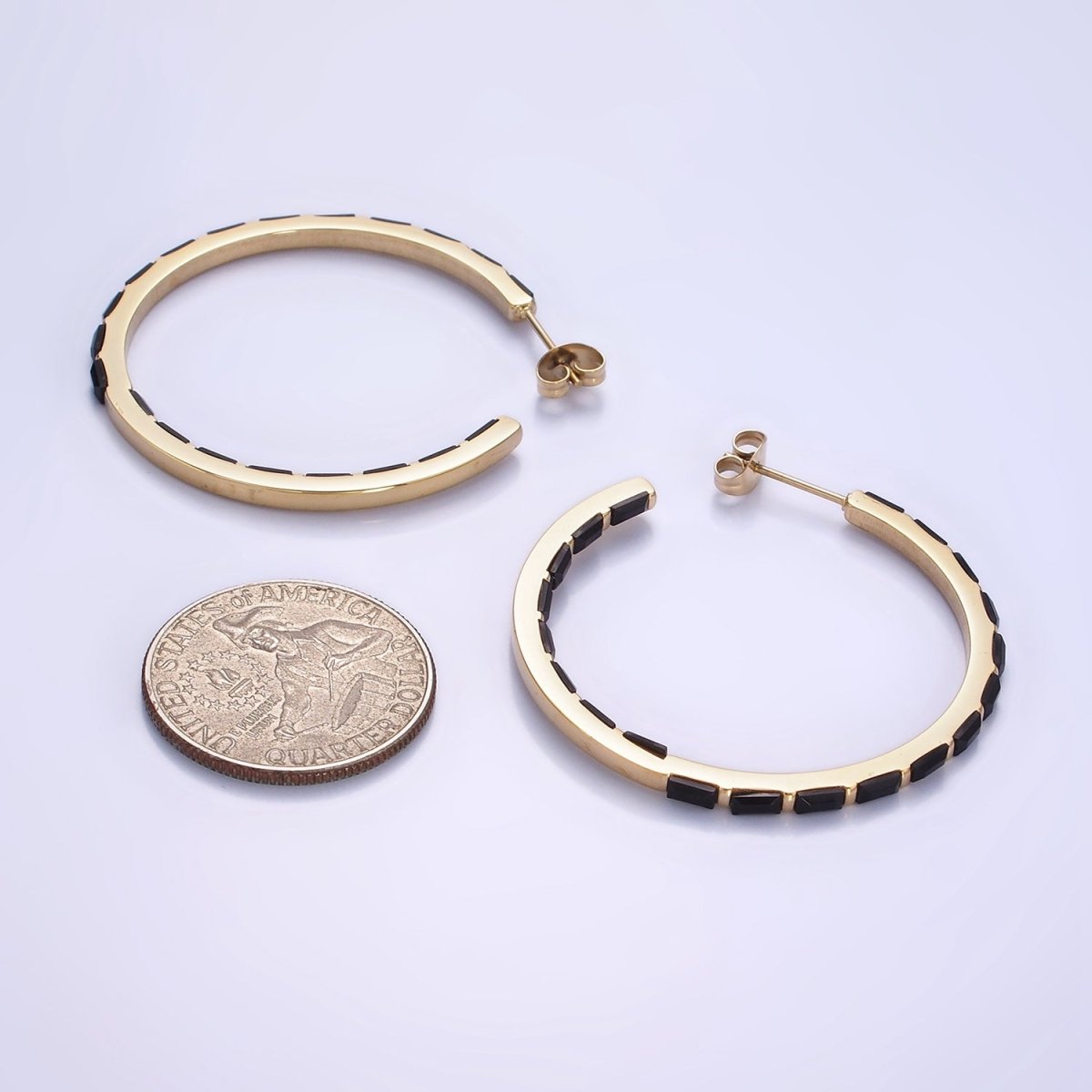 Stainless Steel 40mm Black Baguette CZ Lined C-Shaped Hoop Earrings | AB1151 - DLUXCA