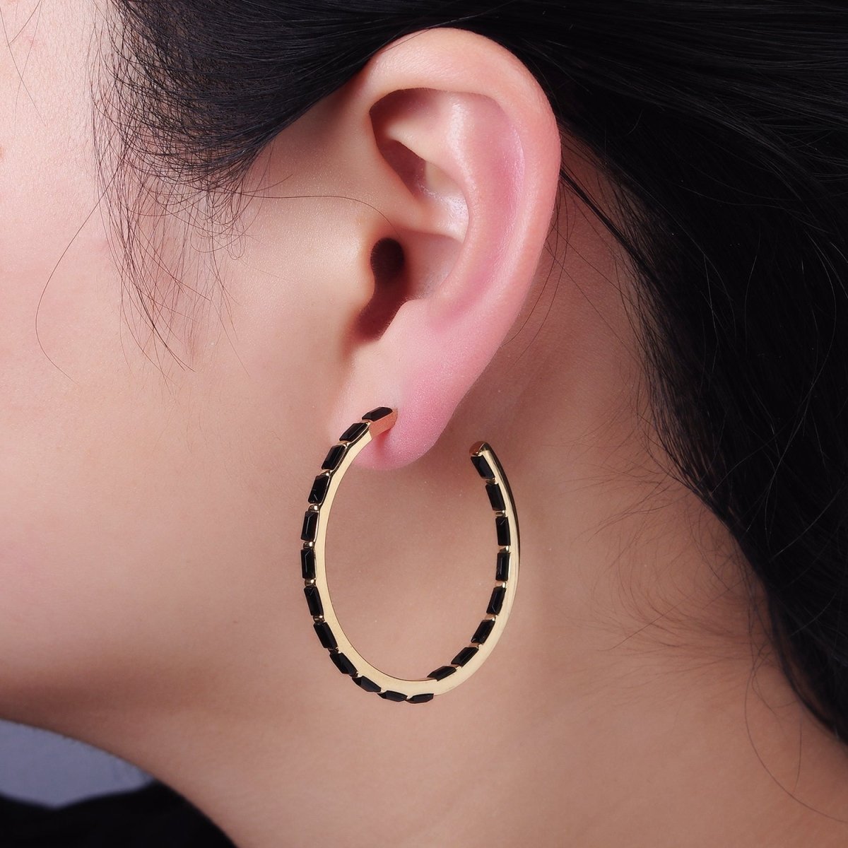 Stainless Steel 40mm Black Baguette CZ Lined C-Shaped Hoop Earrings | AB1151 - DLUXCA