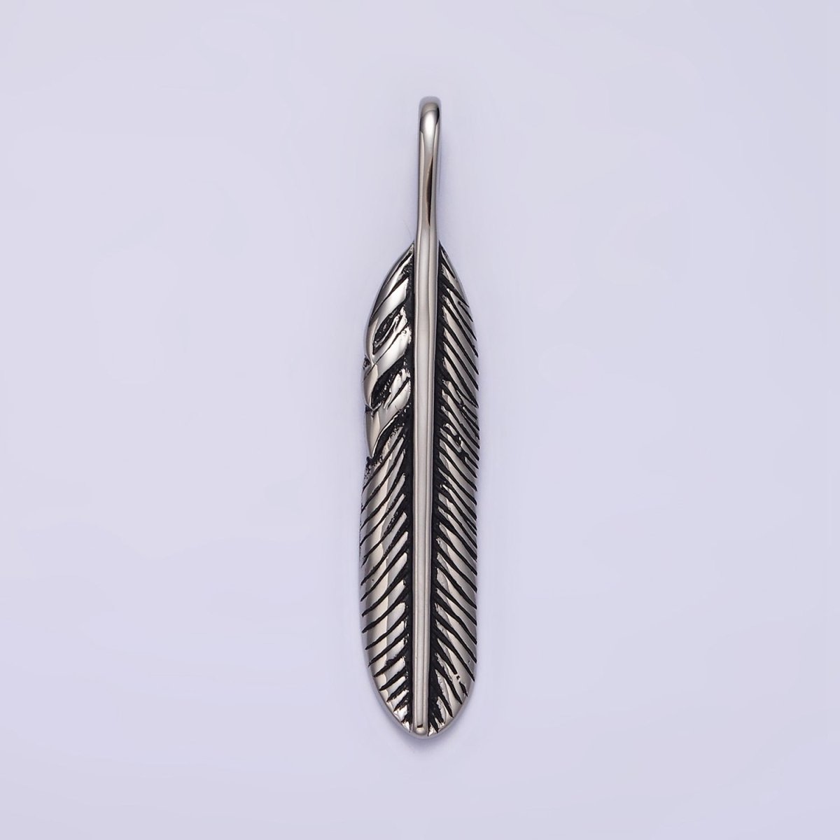 Stainless Steel 40mm Linear-Lined Feather Pendant | P-769 - DLUXCA