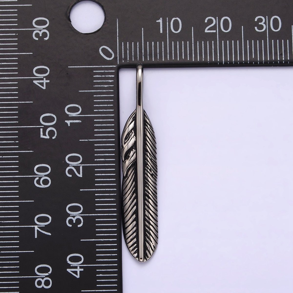 Stainless Steel 40mm Linear-Lined Feather Pendant | P-769 - DLUXCA