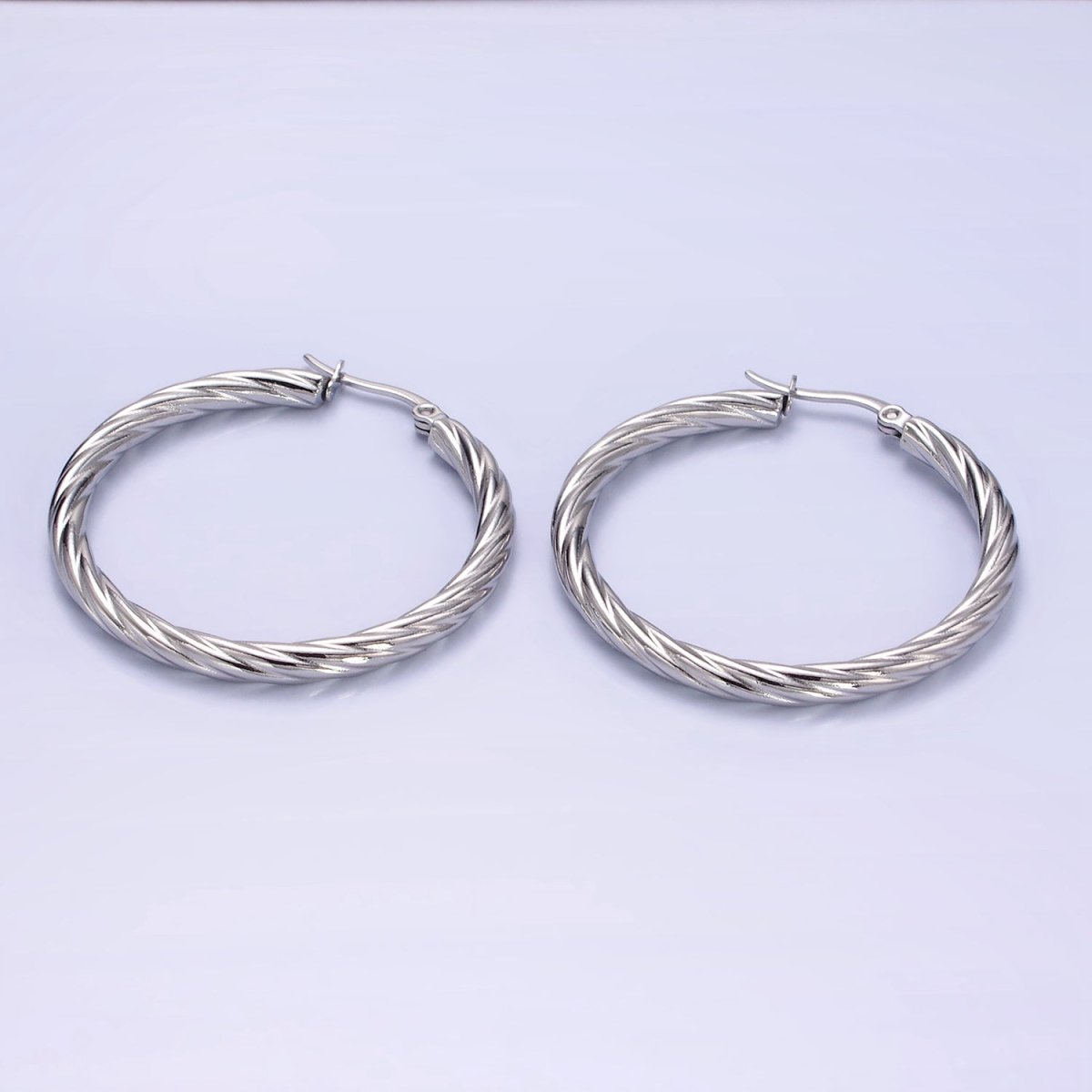 Stainless Steel 40mm Twisted Line-Textured Latch Hoop Earrings | AE247 - DLUXCA