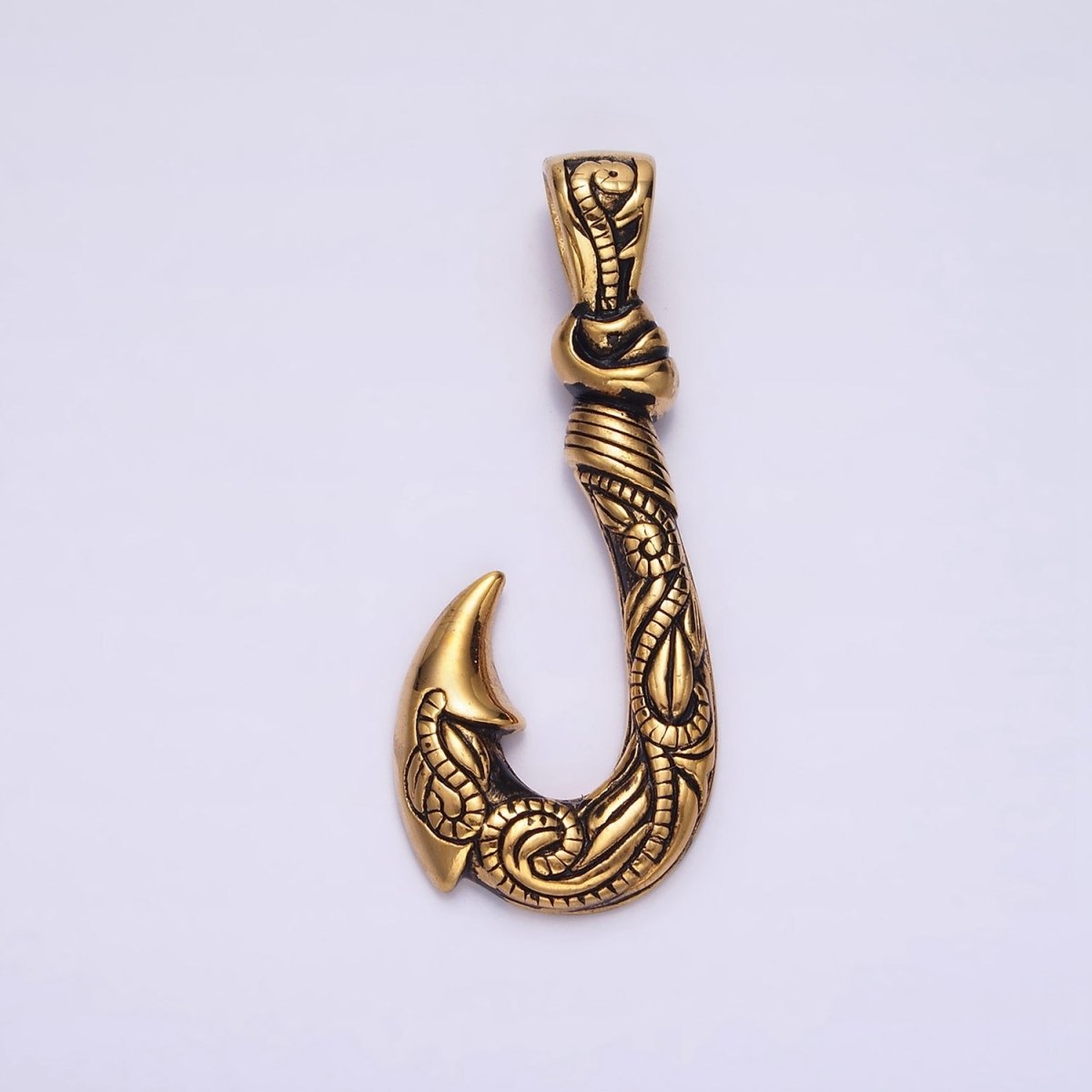 Stainless Steel 47mm Fish J-Hook Vine Engraved Pendant in Silver & Gold | P-779 P-780 - DLUXCA