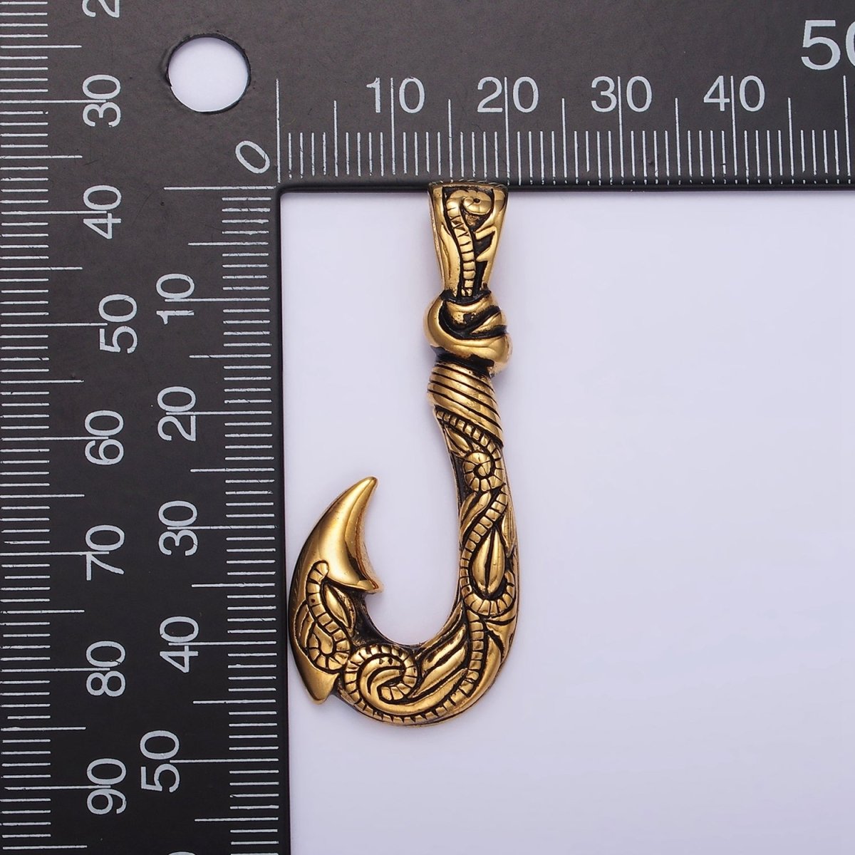 Stainless Steel 47mm Fish J-Hook Vine Engraved Pendant in Silver & Gold | P-779 P-780 - DLUXCA