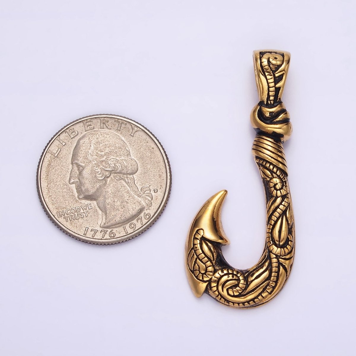 Stainless Steel 47mm Fish J-Hook Vine Engraved Pendant in Silver & Gold | P-779 P-780 - DLUXCA