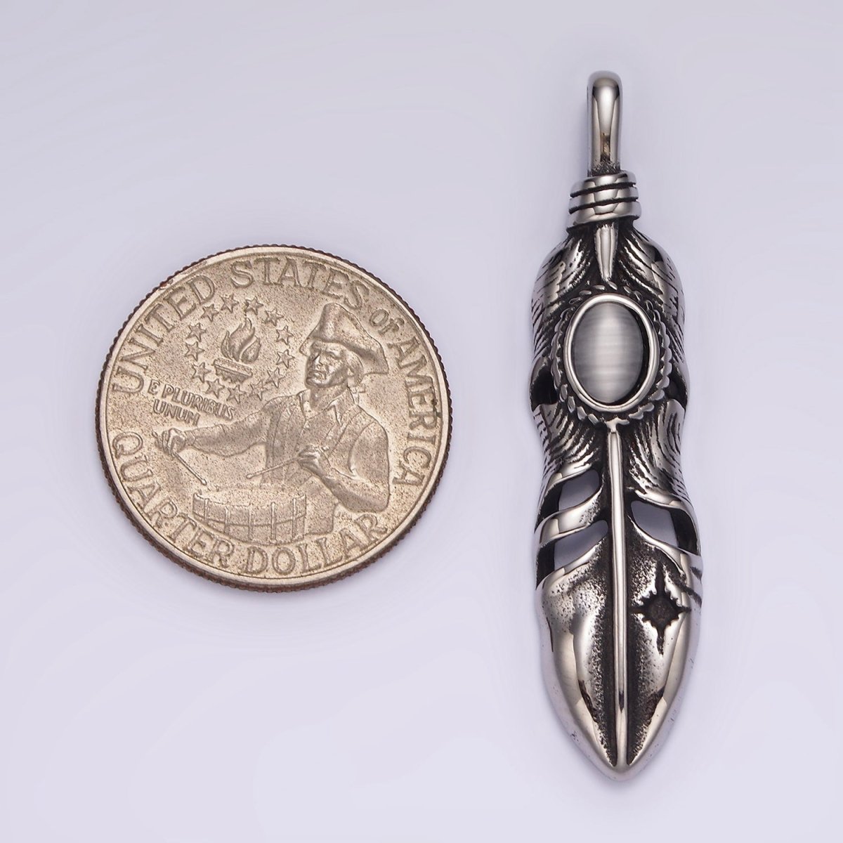 Stainless Steel 49mm Feather Charm Long Statement Boho Oxidized Pendant | P870 - DLUXCA