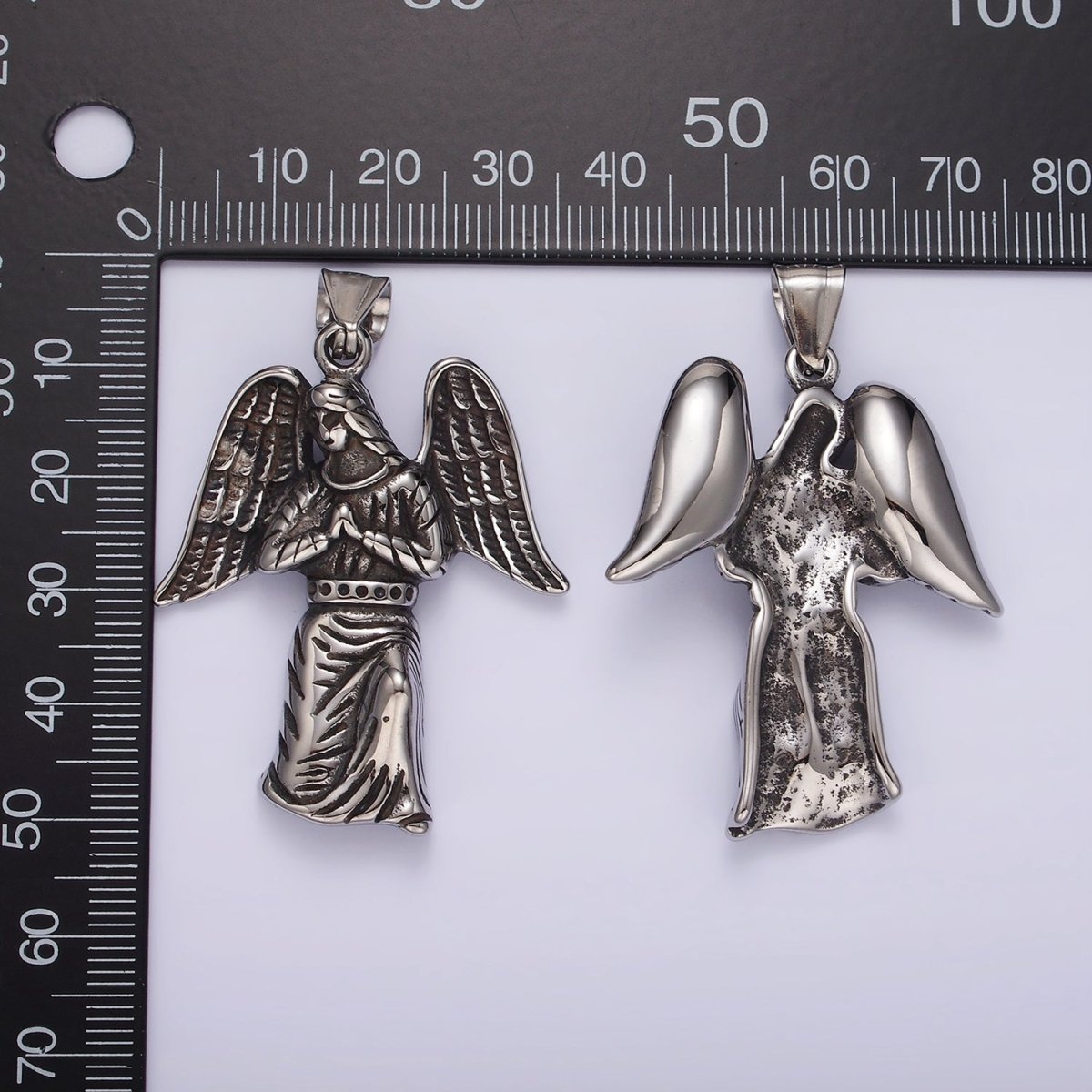 Stainless Steel 50mm Praying Angel Feather Wing Oxidized Pendant | P1188 - DLUXCA