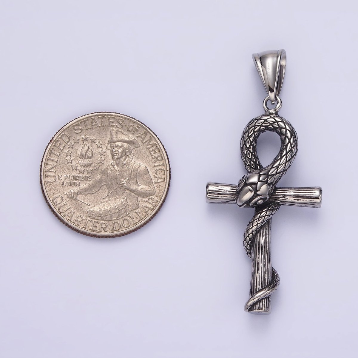 Stainless Steel 50mm Snake Wood-Textured Egyptian Ankh Cross Pendant | P-748 - DLUXCA