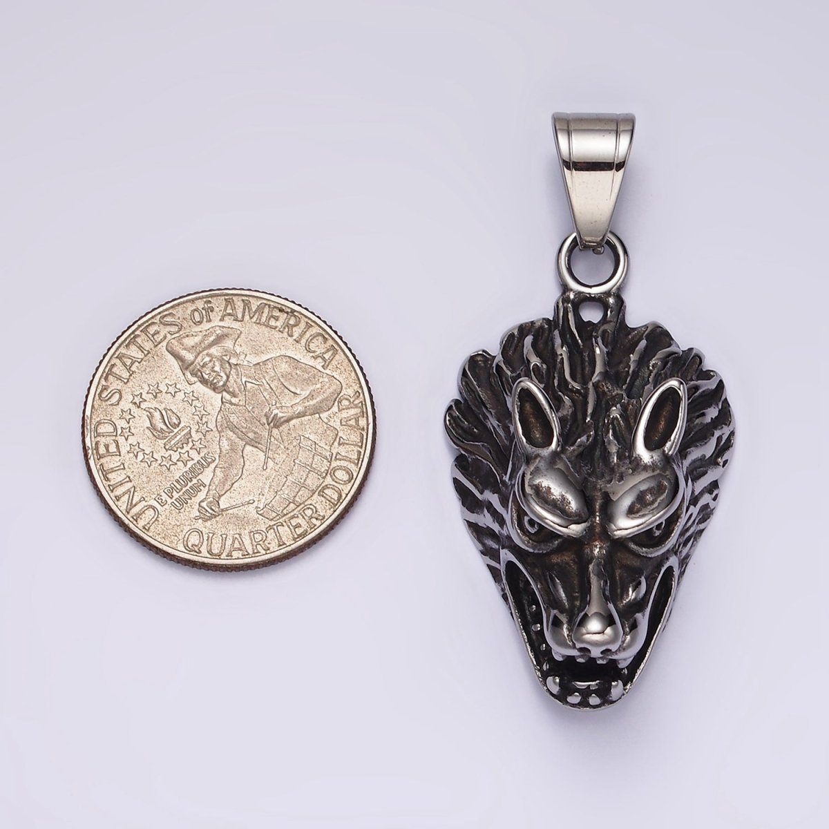 Stainless Steel 50mm Snarling Wolf Animal Head Oxidized Pendant | P1174 - DLUXCA