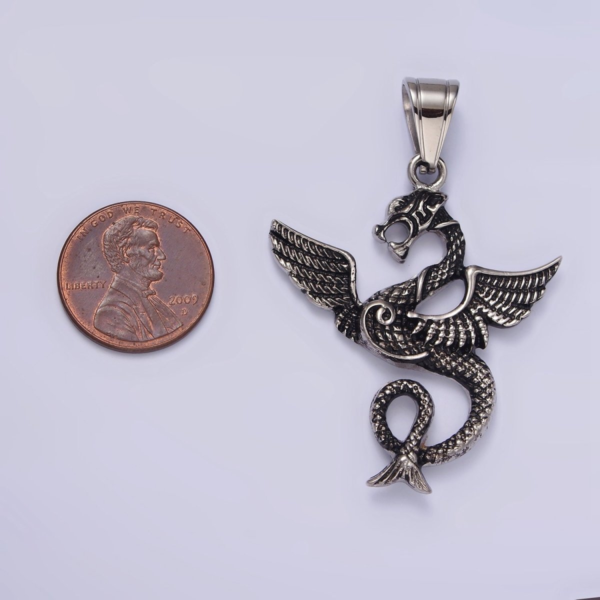 Stainless Steel 53mm Textured Sea Snake Dragon Wings Pendant | P-806 - DLUXCA